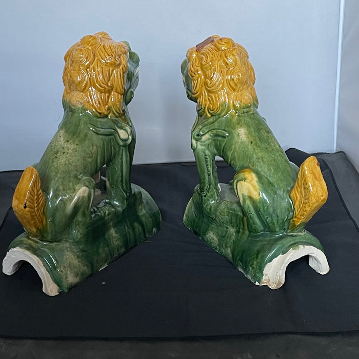 Vintage Chinese Sancai Glazed Foo Dog Chimera Roof Tiles, Pair, 8" x 4" x 10" Each