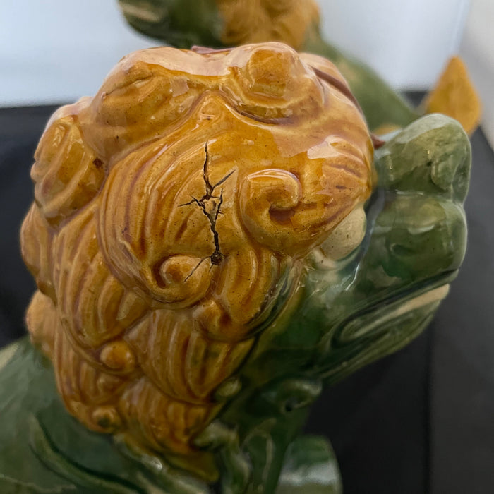 Vintage Chinese Sancai Glazed Foo Dog Chimera Roof Tiles, Pair, 8" x 4" x 10" Each