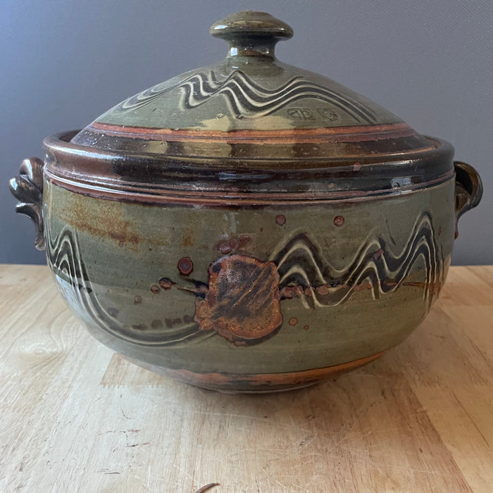 Vintage David Blaisdell Studio Art Green/Brown Glazed Pottery Soup Tureen/Serving Bowl, 10.5"x 6.5"