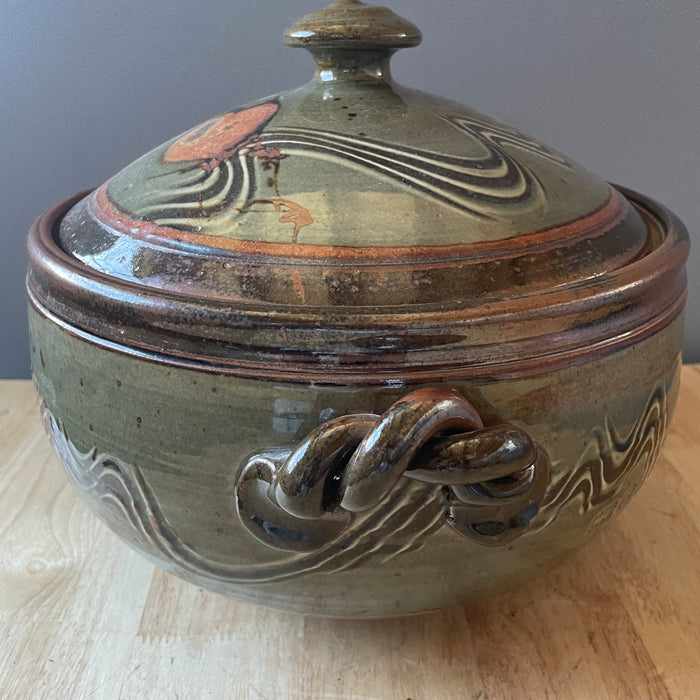 Vintage David Blaisdell Studio Art Green/Brown Glazed Pottery Soup Tureen/Serving Bowl, 10.5"x 6.5"
