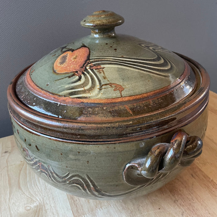 Vintage David Blaisdell Studio Art Green/Brown Glazed Pottery Soup Tureen/Serving Bowl, 10.5"x 6.5"