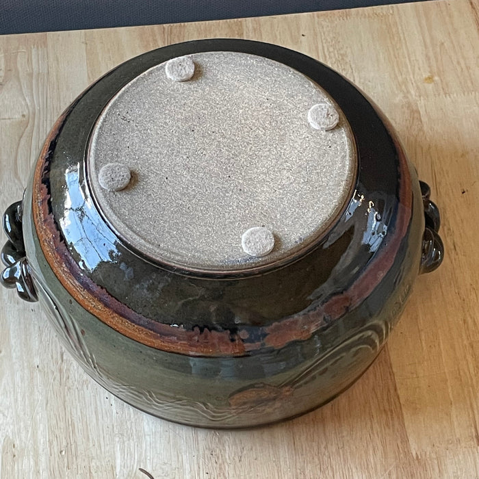 Vintage David Blaisdell Studio Art Green/Brown Glazed Pottery Soup Tureen/Serving Bowl, 10.5"x 6.5"