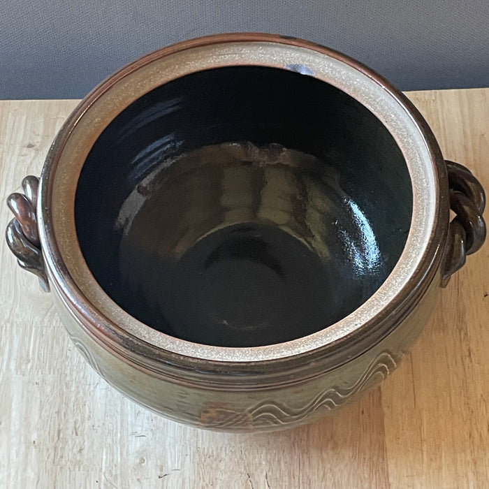 Vintage David Blaisdell Studio Art Green/Brown Glazed Pottery Soup Tureen/Serving Bowl, 10.5"x 6.5"