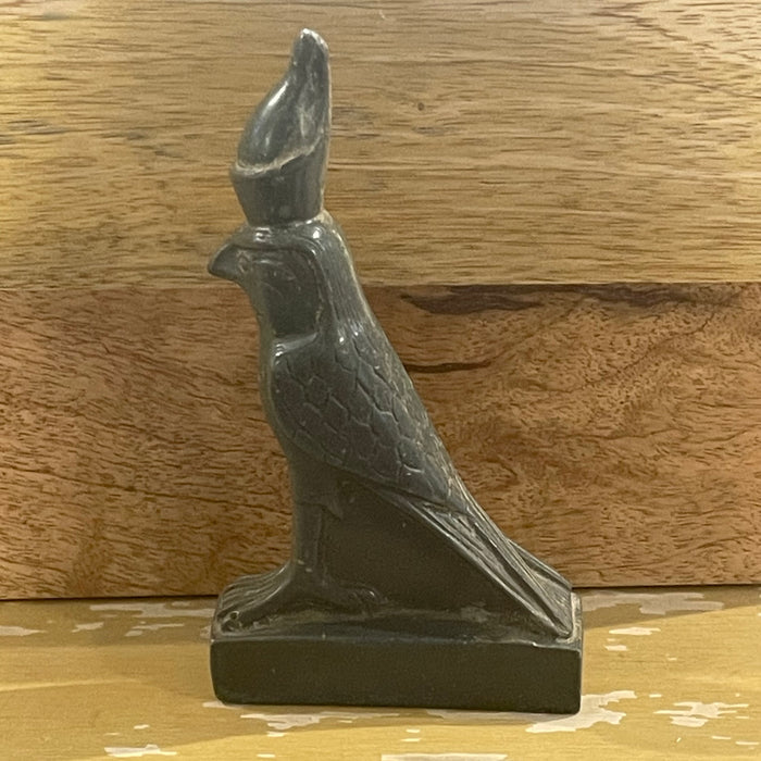 Vintage Egyptian Hand Carved Spinach Jade Double-Crowned 'Horus', Falcon Diety Figurine, 3.5"x 1.25"x 6.25"