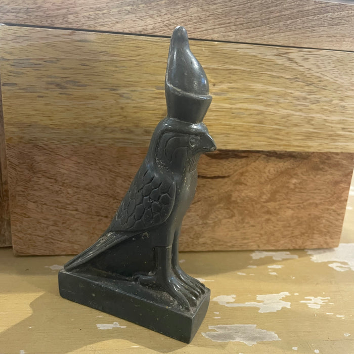 Vintage Egyptian Hand Carved Spinach Jade Double-Crowned 'Horus', Falcon Diety Figurine, 3.5"x 1.25"x 6.25"
