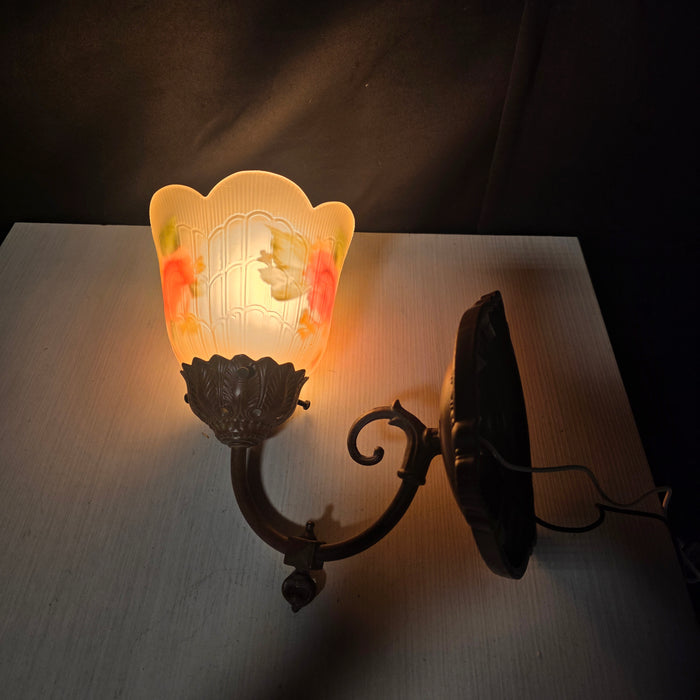 Vintage Hand Painted Rose on Frosted Glass French Inspired Sconce 6.5"x6.5"x9"