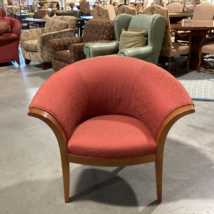 Vintage Haworth Fan Back Red &  Gold with Wood Frame Chair 38"x 32"x 32"