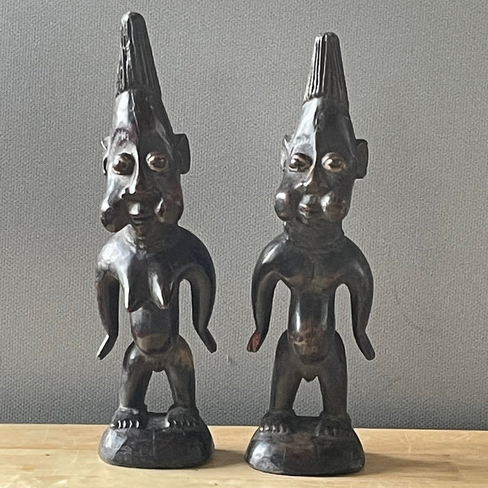 Vintage Nigerian Hand Carved Yoruba Ere Ibeji Twins Figurines, Pair, 4"x 12" Approximately