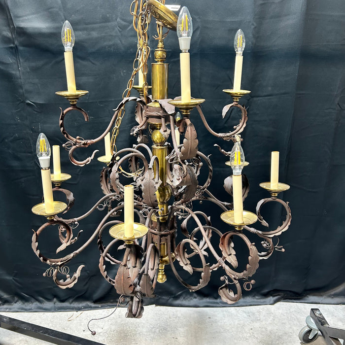 Vintage Ornate Scrolling Leaf Arm Iron And Brass  Two Tier 12 Light Chandelier  33"x 35"