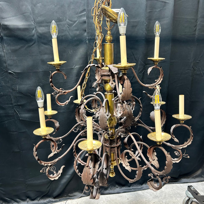 Vintage Ornate Scrolling Leaf Arm Iron And Brass  Two Tier 12 Light Chandelier  33"x 35"