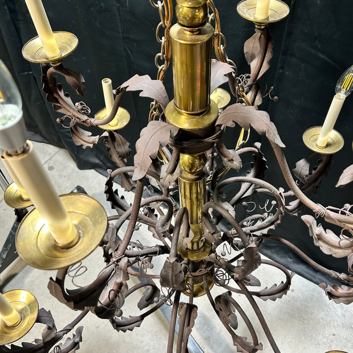 Vintage Ornate Scrolling Leaf Arm Iron And Brass  Two Tier 12 Light Chandelier  33"x 35"
