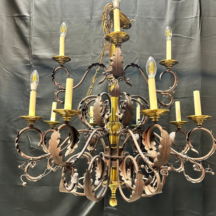 Vintage Ornate Scrolling Leaf Arm Iron And Brass  Two Tier 12 Light Chandelier  33"x 35"
