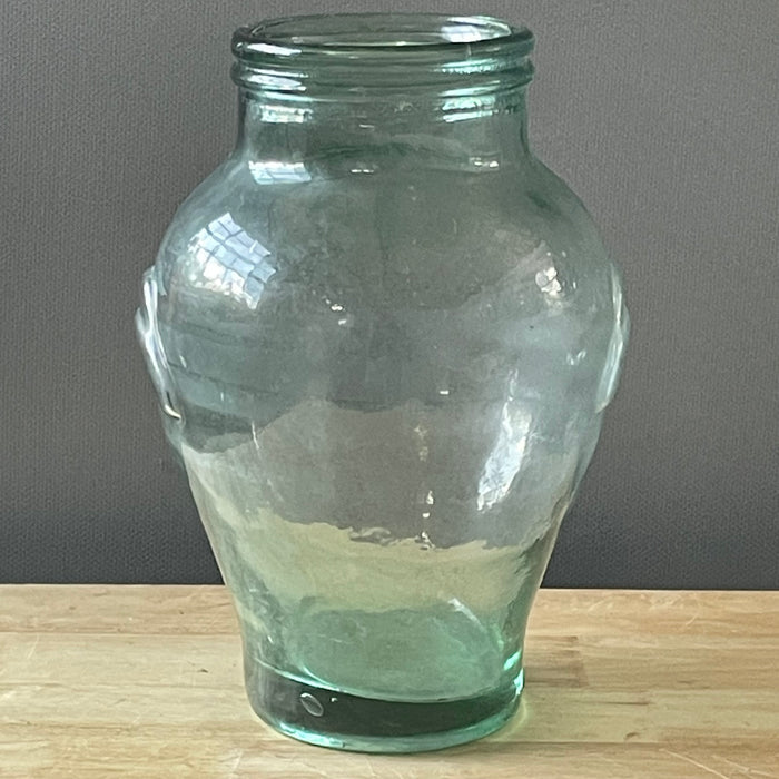 Vintage Rosenthal Netter Green Blown Glass with Bow Handles Olive Jar/Vase, 9"x 12.75"