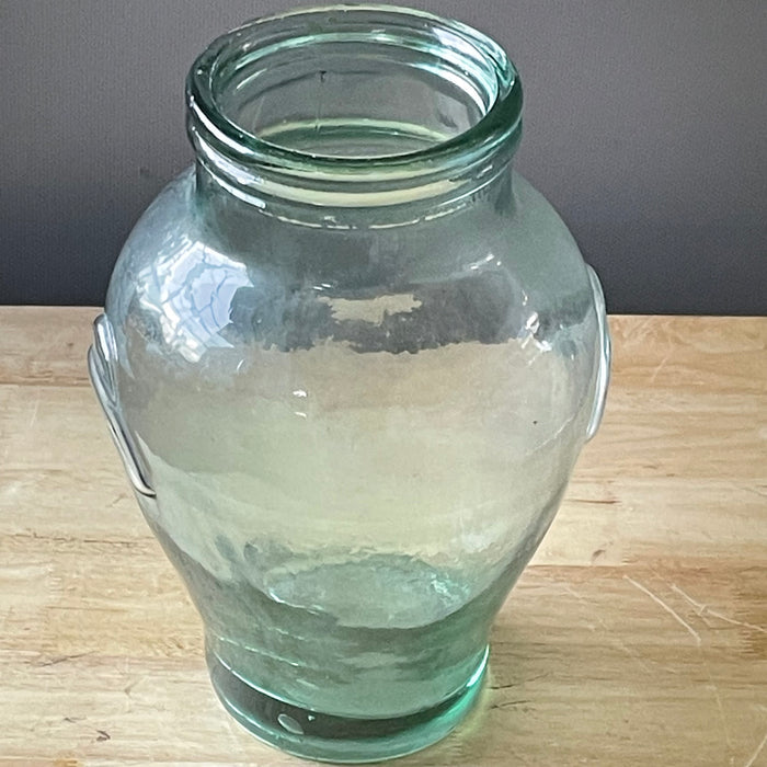 Vintage Rosenthal Netter Green Blown Glass with Bow Handles Olive Jar/Vase, 9"x 12.75"