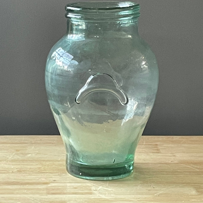 Vintage Rosenthal Netter Green Blown Glass with Bow Handles Olive Jar/Vase, 9"x 12.75"