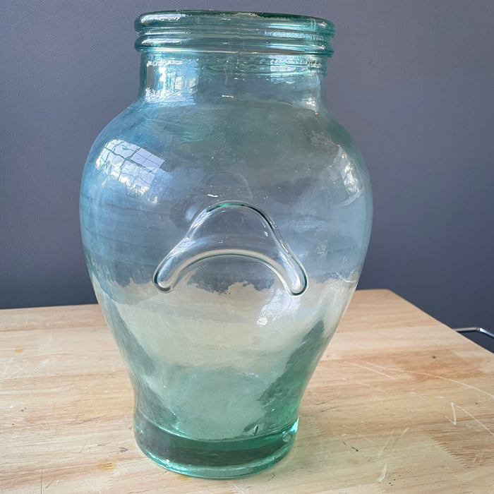 Vintage Rosenthal Netter Green Blown Glass with Bow Handles Olive Jar/Vase, 9"x 12.75"