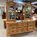 Vintage Speckled Finish Oak with Brass Accent & Double Mirrors 9 Drawer 2 Door Dresser 82.5"x 19.5"x 82.5"