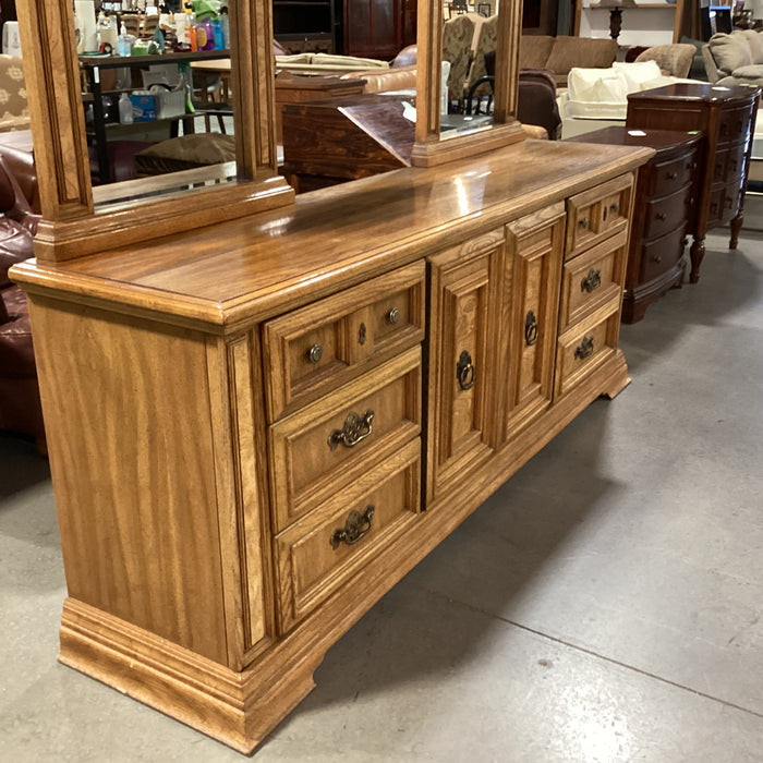 Vintage Speckled Finish Oak with Brass Accent & Double Mirrors 9 Drawer 2 Door Dresser 82.5"x 19.5"x 82.5"