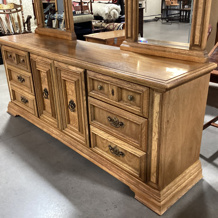 Vintage Speckled Finish Oak with Brass Accent & Double Mirrors 9 Drawer 2 Door Dresser 82.5"x 19.5"x 82.5"