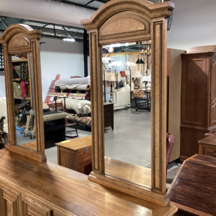 Vintage Speckled Finish Oak with Brass Accent & Double Mirrors 9 Drawer 2 Door Dresser 82.5"x 19.5"x 82.5"