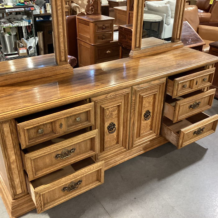 Vintage Speckled Finish Oak with Brass Accent & Double Mirrors 9 Drawer 2 Door Dresser 82.5"x 19.5"x 82.5"