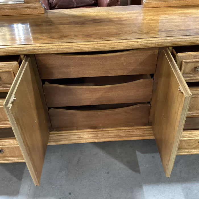 Vintage Speckled Finish Oak with Brass Accent & Double Mirrors 9 Drawer 2 Door Dresser 82.5"x 19.5"x 82.5"