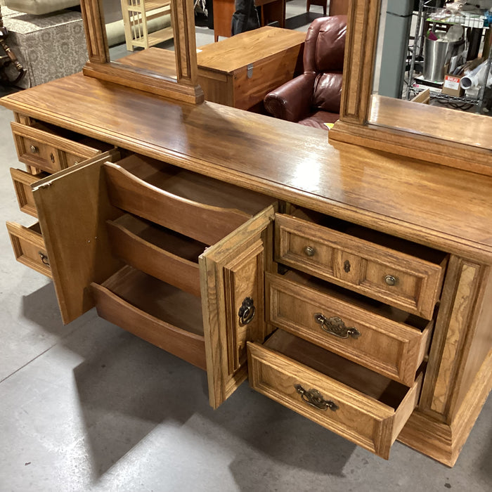 Vintage Speckled Finish Oak with Brass Accent & Double Mirrors 9 Drawer 2 Door Dresser 82.5"x 19.5"x 82.5"