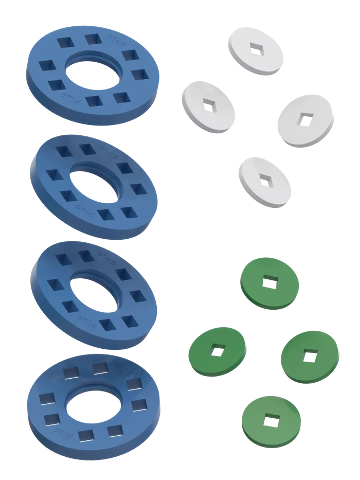 Wheels – 4 Blue wheels with 4 white and 4 green hubs