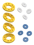 Wheels – 4 Yellow wheels with 4 white and 4 blue hubs