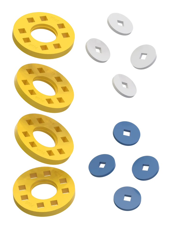 Wheels – 4 Yellow wheels with 4 white and 4 blue hubs
