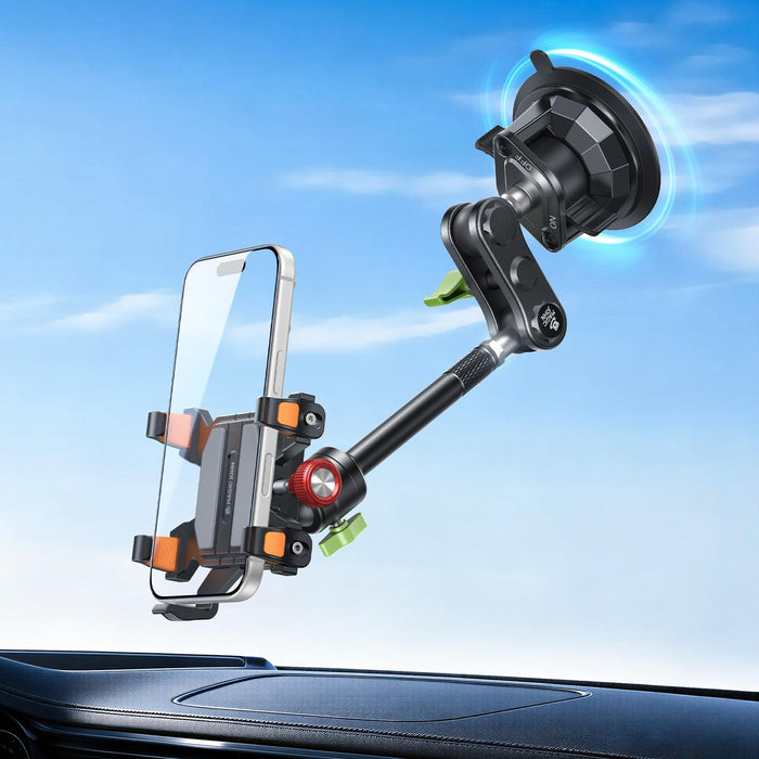 Phone holder with adjustable arm on a car dashboard against a blue sky background