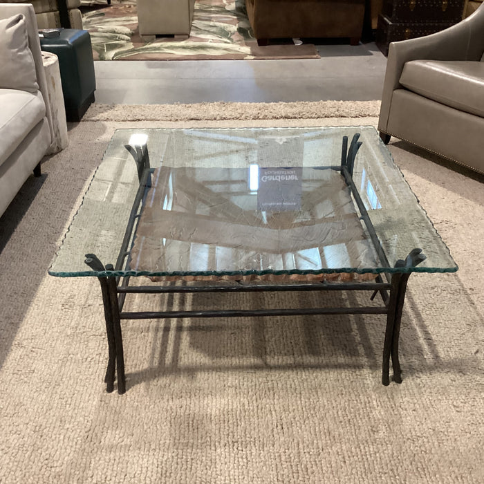 Wrought Iron Carved Scene on Stone & Live Edge Glass Coffee Table 38"x 38"x 17"