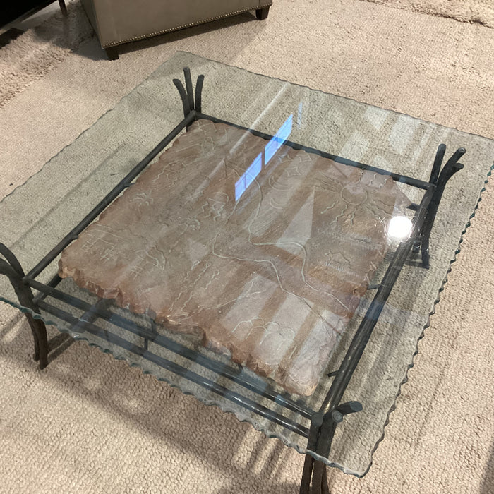 Wrought Iron Carved Scene on Stone & Live Edge Glass Coffee Table 38"x 38"x 17"