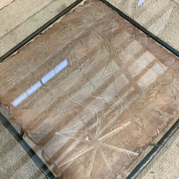Wrought Iron Carved Scene on Stone & Live Edge Glass Coffee Table 38"x 38"x 17"