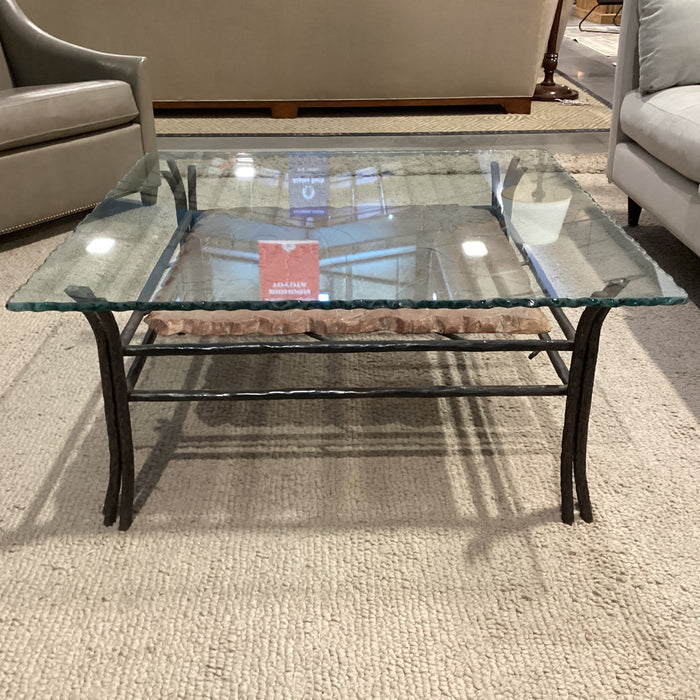 Wrought Iron Carved Scene on Stone & Live Edge Glass Coffee Table 38"x 38"x 17"