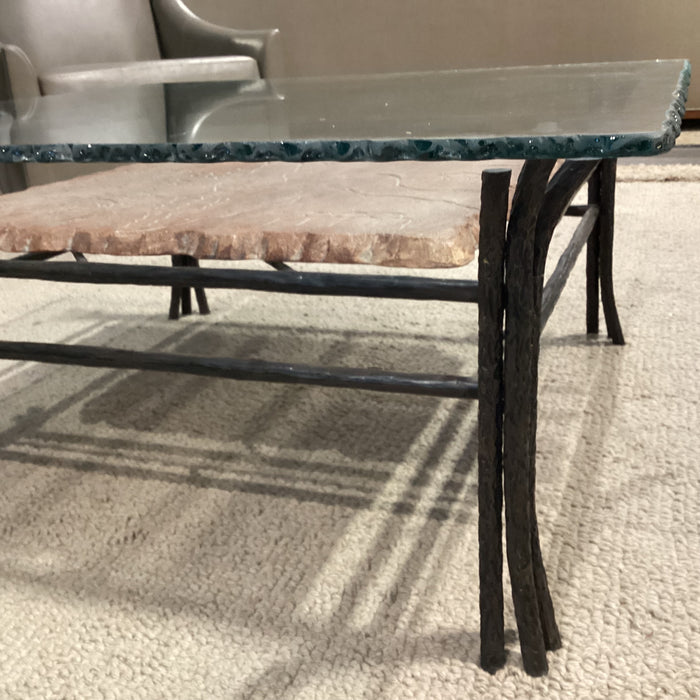 Wrought Iron Carved Scene on Stone & Live Edge Glass Coffee Table 38"x 38"x 17"