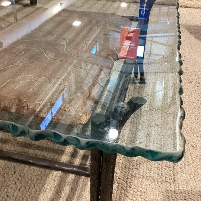Wrought Iron Carved Scene on Stone & Live Edge Glass Coffee Table 38"x 38"x 17"
