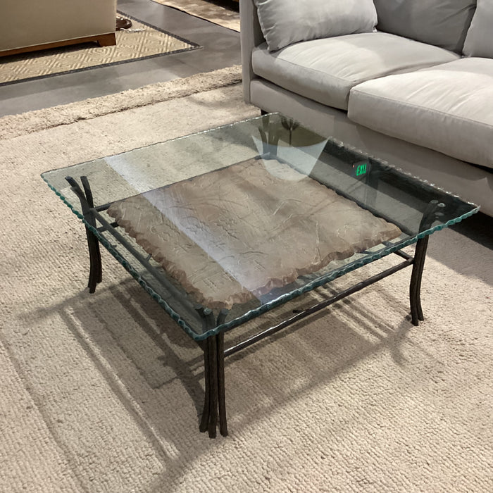 Wrought Iron Carved Scene on Stone & Live Edge Glass Coffee Table 38"x 38"x 17"