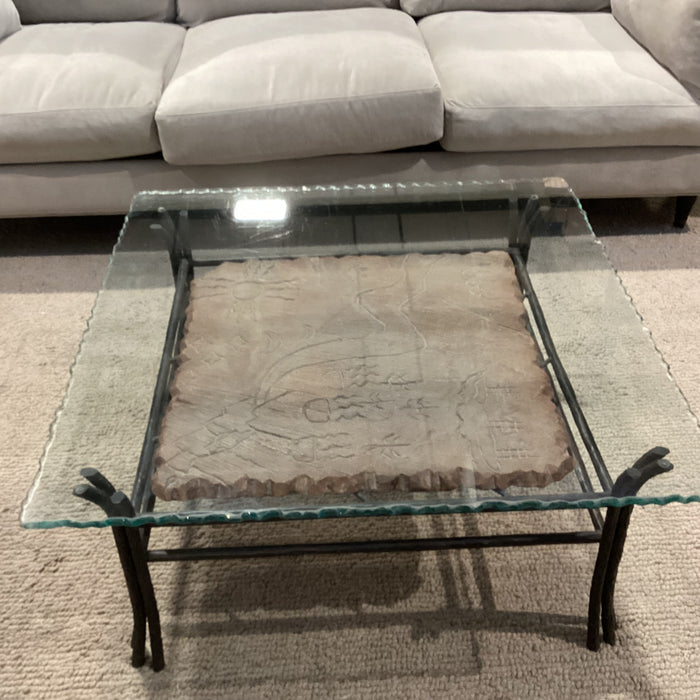 Wrought Iron Carved Scene on Stone & Live Edge Glass Coffee Table 38"x 38"x 17"